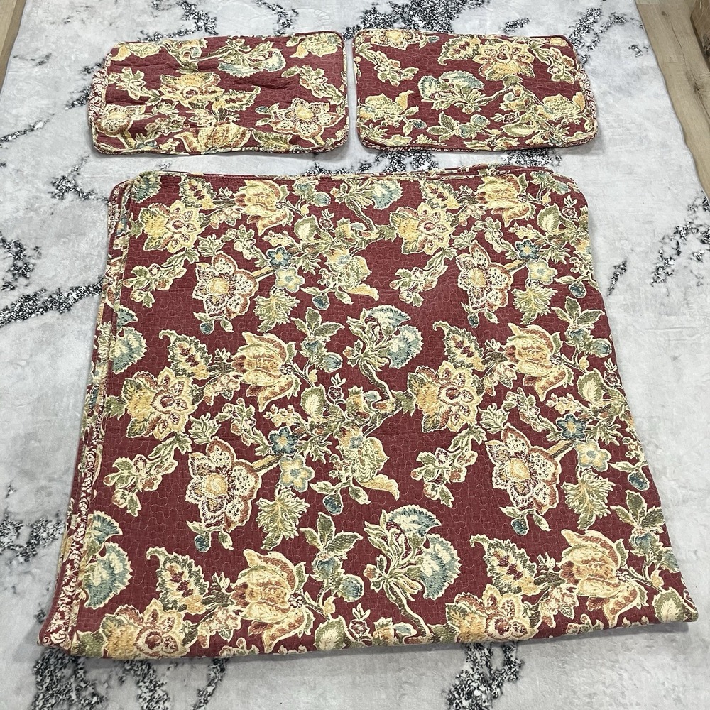 Susan Emma New York Full Queen Quilt Set Floral Cotton 3 Piece Burgundy